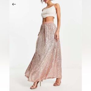 Asos Design Sequin Pleated Multi Skirt in Rose Gold